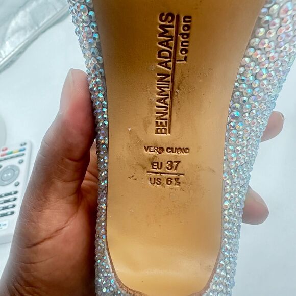 Benjamin Adams London Miami Silver Jewel Encrusted Peep Toe Platform Pumps S 6.5 - Picture 11 of 13